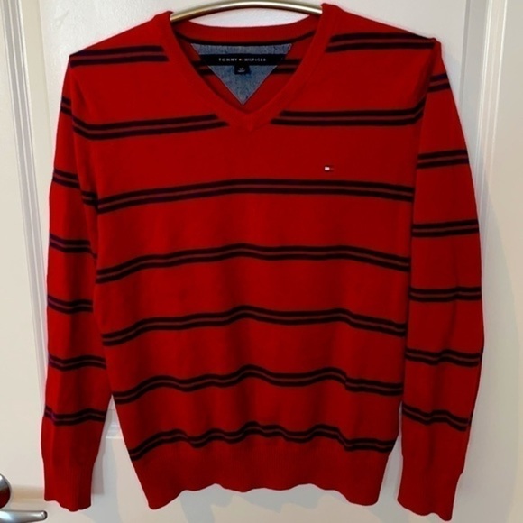 TOMMY HILFIGER | Women’s Red Sweater with Dark Blue Stripes Size SP - Picture 4 of 7